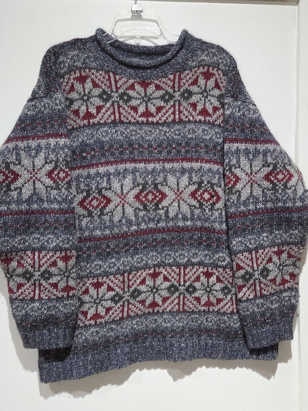 Nordic Pattern Crewneck Sweater in Gray and Burgundy